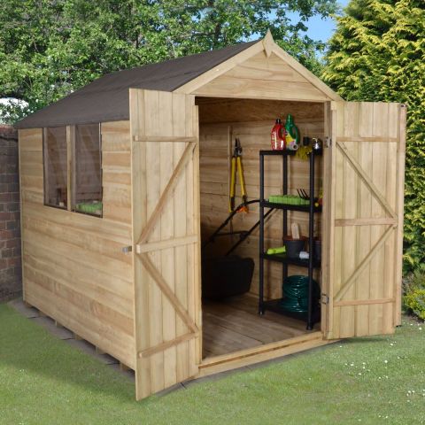 a pressure treated, double door wooden shed
