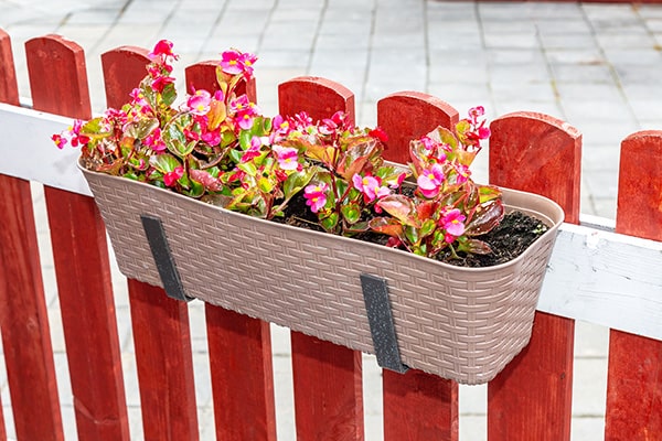 a flower box on a red fence