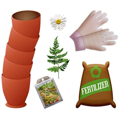 drawings of fertiliser, pots, seeds, plants and gardening gloves