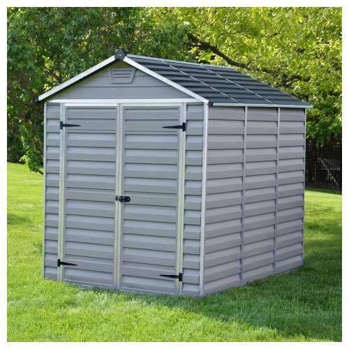 A grey plastic apex shed with double doors