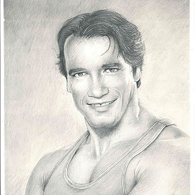 a pencil sketch of Arnold Schwarzenegger