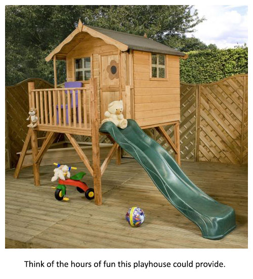 A tower wooden playhouse with a green slide
