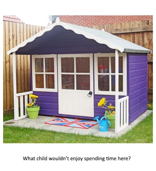 A purple and white apex playhouse with a canopy