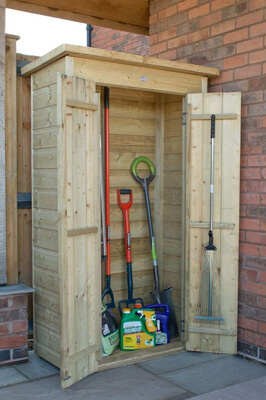 A Tall Small Pent Storage Shed filled with Tools