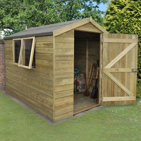 a single door apex tongue and groove wooden shed with two windows on the left hand side