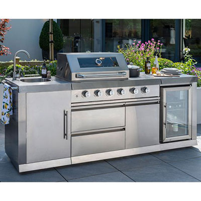 a luxury outdoor kitchen, including BBQ grill, made from aluminium and steel