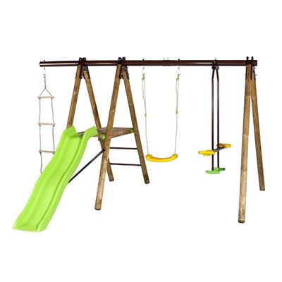 a wooden garden swing set with slide, platform, swing, sky scooter and rope ladder