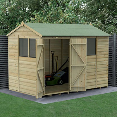 a 10x6 reverse apex shiplap wooden shed with double doors and 3 windows