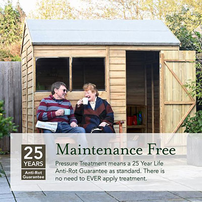 a couple sat next to a wooden shed, with a caption stating it is maintenance free and has a 25-year guarantee