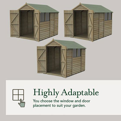 an infographic showing an adaptable wooden shed, where you can choose door and window placements