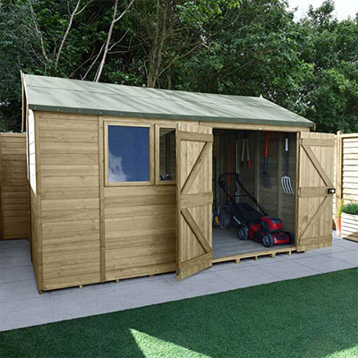 a wooden reverse apex shed with green roof felt