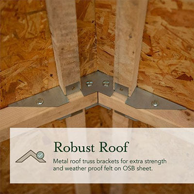 a metal roof truss bracket on a wooden shed