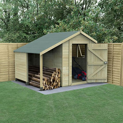 an 8x6 wooden shed with logstore