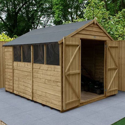 a 10x8 overlap shed with 4 windows and double doors