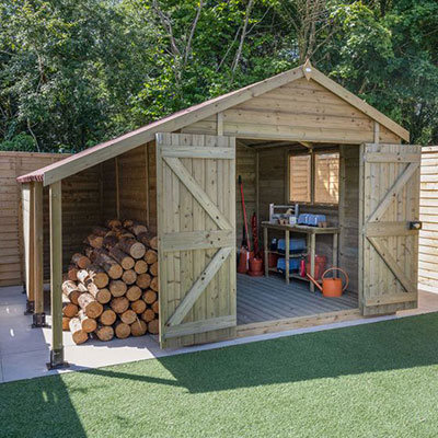 a premium wooden shed with double doors, windows and integral logstore