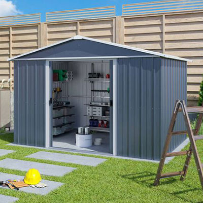 a 10x8 grey metal shed with double doors