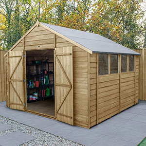 a 10x10 wooden garden shed with double doors and 4 windows