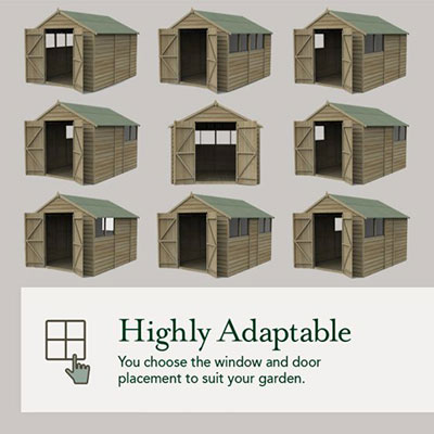 an infographic showing flexible door and window placements on a 10x8 modular shed