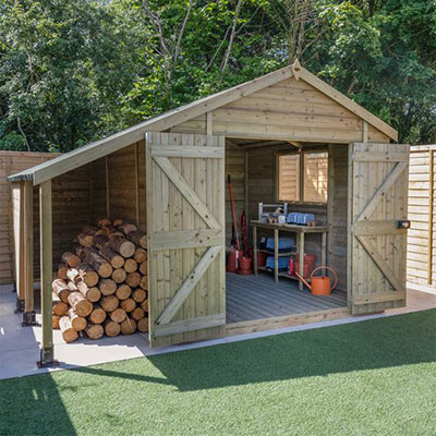 a modular tongue and groove shed, featuring double doors, 2 windows and logstore