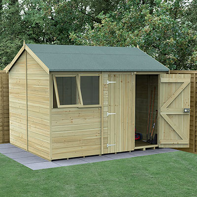 a 10x8 tongue and groove double door reverse apex wooden shed with 2 opening windows