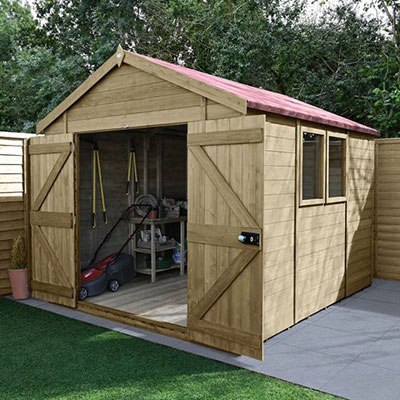 a 10x8 wooden shed with wide double doors and 2 windows