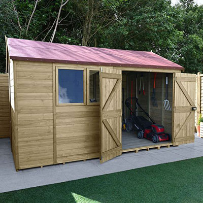 a 12x8 reverse apex wooden shed with double doors and 2 opening windows