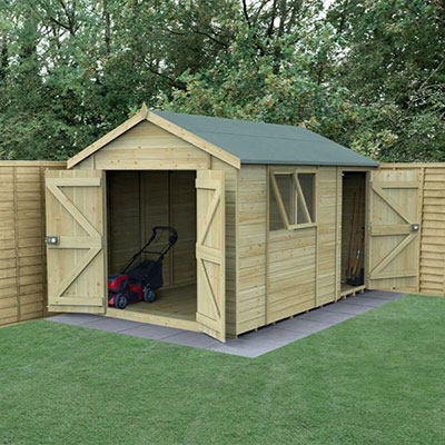 a wooden garden building containing both a workshop and storage shed