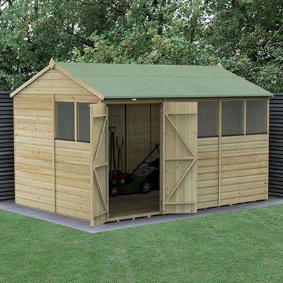 a 12x8 wooden garden shed with double doors and 5 windows