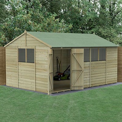 a 15x10 workshop shed with double doors and 5 windows