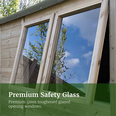 2 open toughened glass windows on a shed