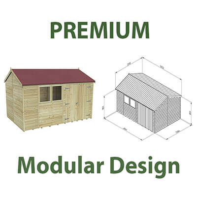 a picture and technical drawing of a Forest Premium Shed to illustrate its modular design
