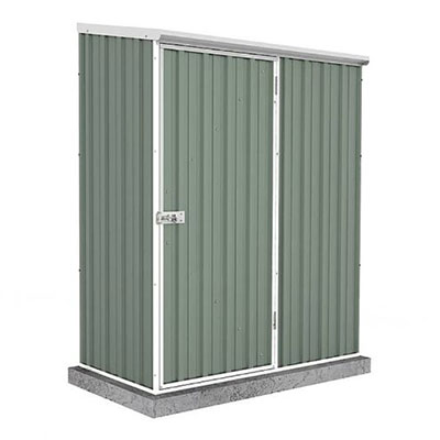 a slimline, green metal shed with pent roof