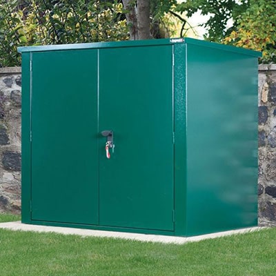 a secure green metal shed with locked double doors