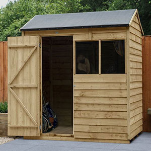 a small wooden shed with a reverse apex roof