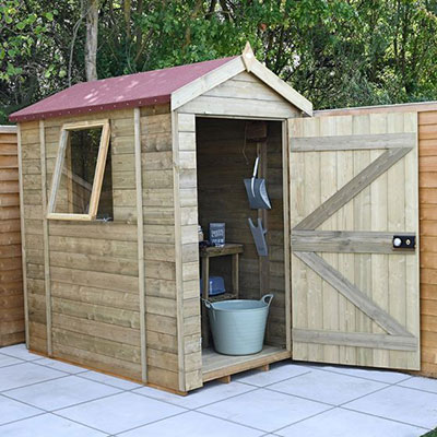 a 6x4 wooden shed with open door and window