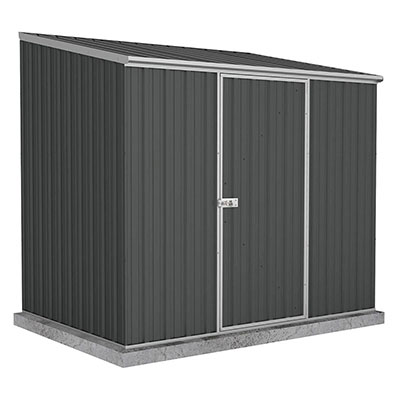 a dark-grey pent metal shed