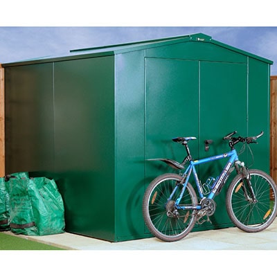a very secure green metal shed
