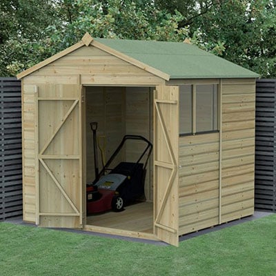 a 7x7 wooden shed with double doors and 2 windows