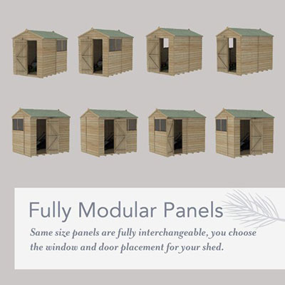 a diagram showing versatile door and window placements on a modular shed