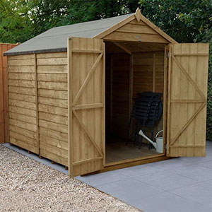 an 8x6 wooden windowless shed with double doors