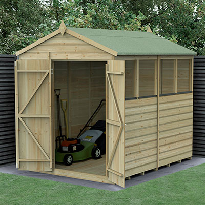 an 8x6 shiplap wooden shed with double doors and 4 windows