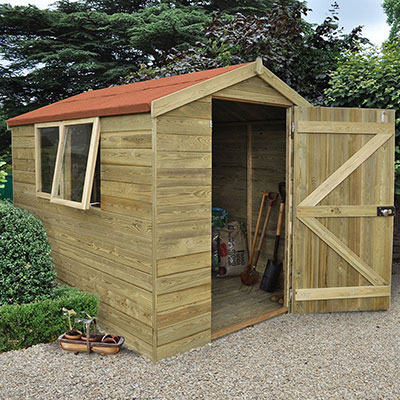 An 8x6 tongue and groove wooden shed with door open and window ajar