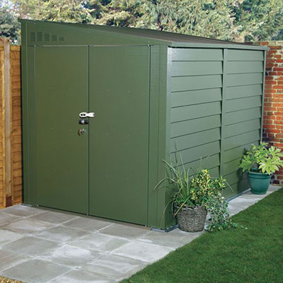 a secure green metal shed with pent roof