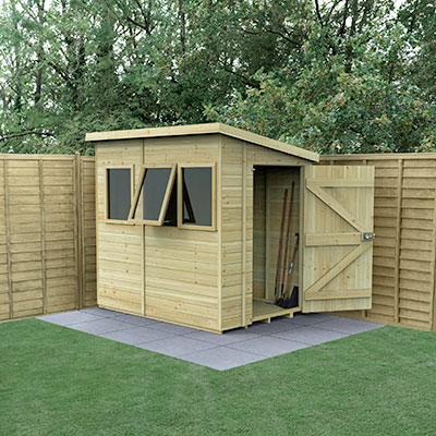 a wooden pent shed with 3 opening windows