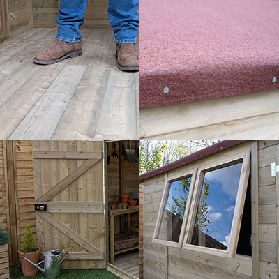 a Forest Premium Shed's T&G floor, mineral felt roof cover, ledged and braced door, and opening windows
