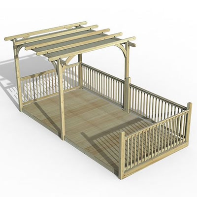 a large garden decking kit with pergola, canopy and balustrades