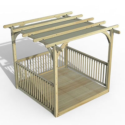 a wooden decking kit with pergola and retractable canopy
