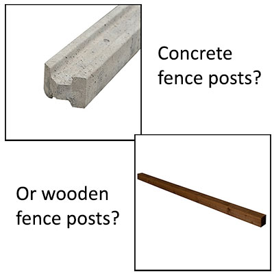 a concrete fence post and a wooden fence post