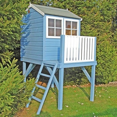 a kids' platform playhouse, painted blue and white