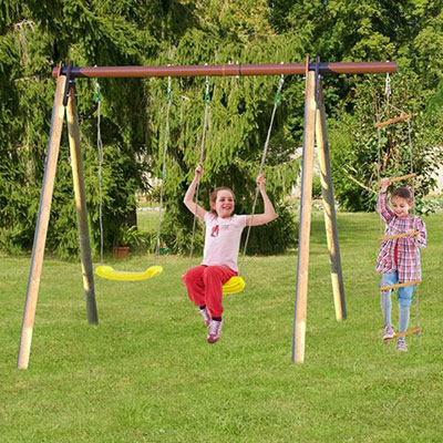 a kids' double swing and rope ladder outdoor playset